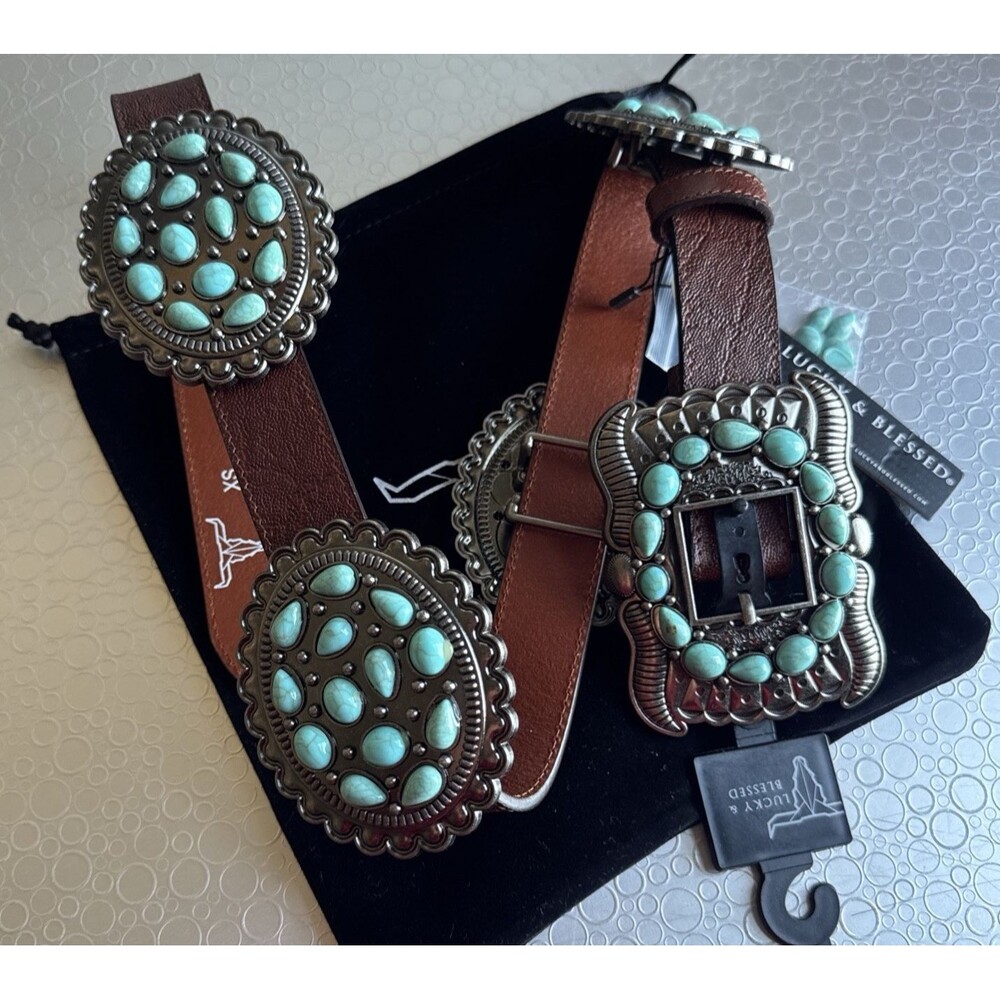 NWT Lucky & Blessed Turquoise Concho Leather Belt - Size L Runs Bigger Dust Bag